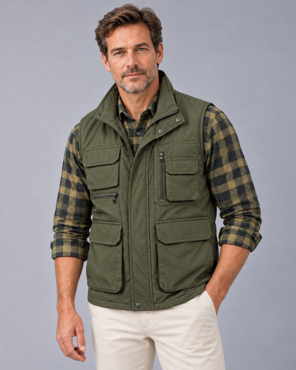Men's Utility Gilet with Multiple Pockets and Stand Collar