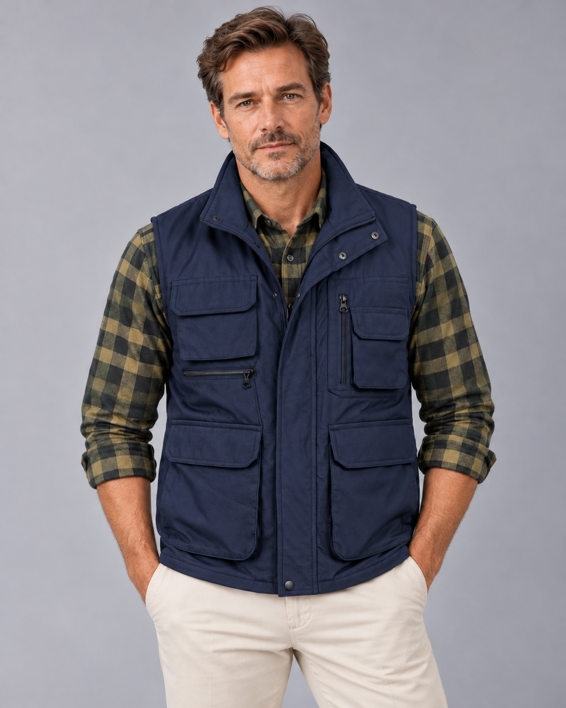 Men's Utility Gilet with Multiple Pockets and Stand Collar
