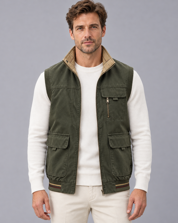 Men's Utility Gilet with Contrast Stand Collar and Zip Front