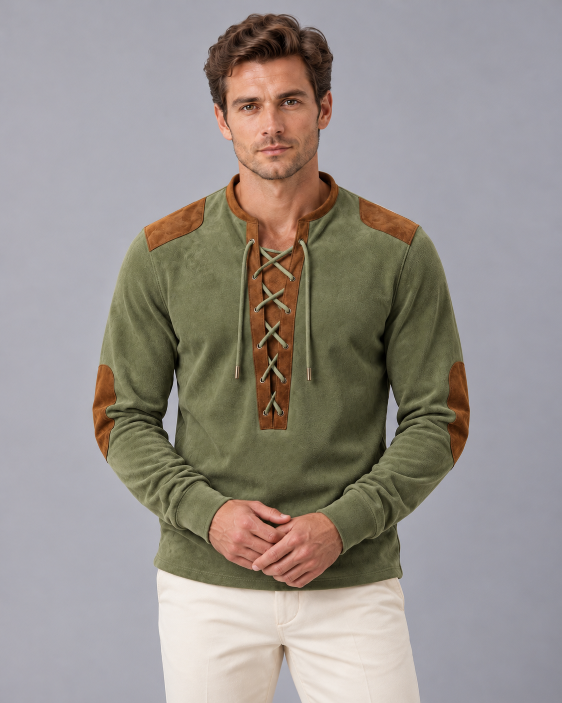 Men's Lace-Up Henley Shirt with Suede-Touch Finish