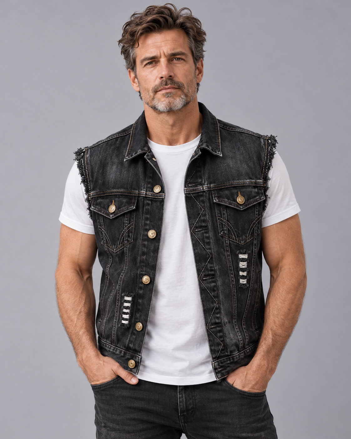 Men's Distressed Denim Waistcoat with Button Front and Chest Pockets