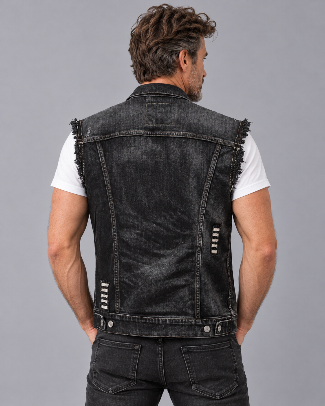 Men's Distressed Denim Waistcoat with Button Front and Chest Pockets