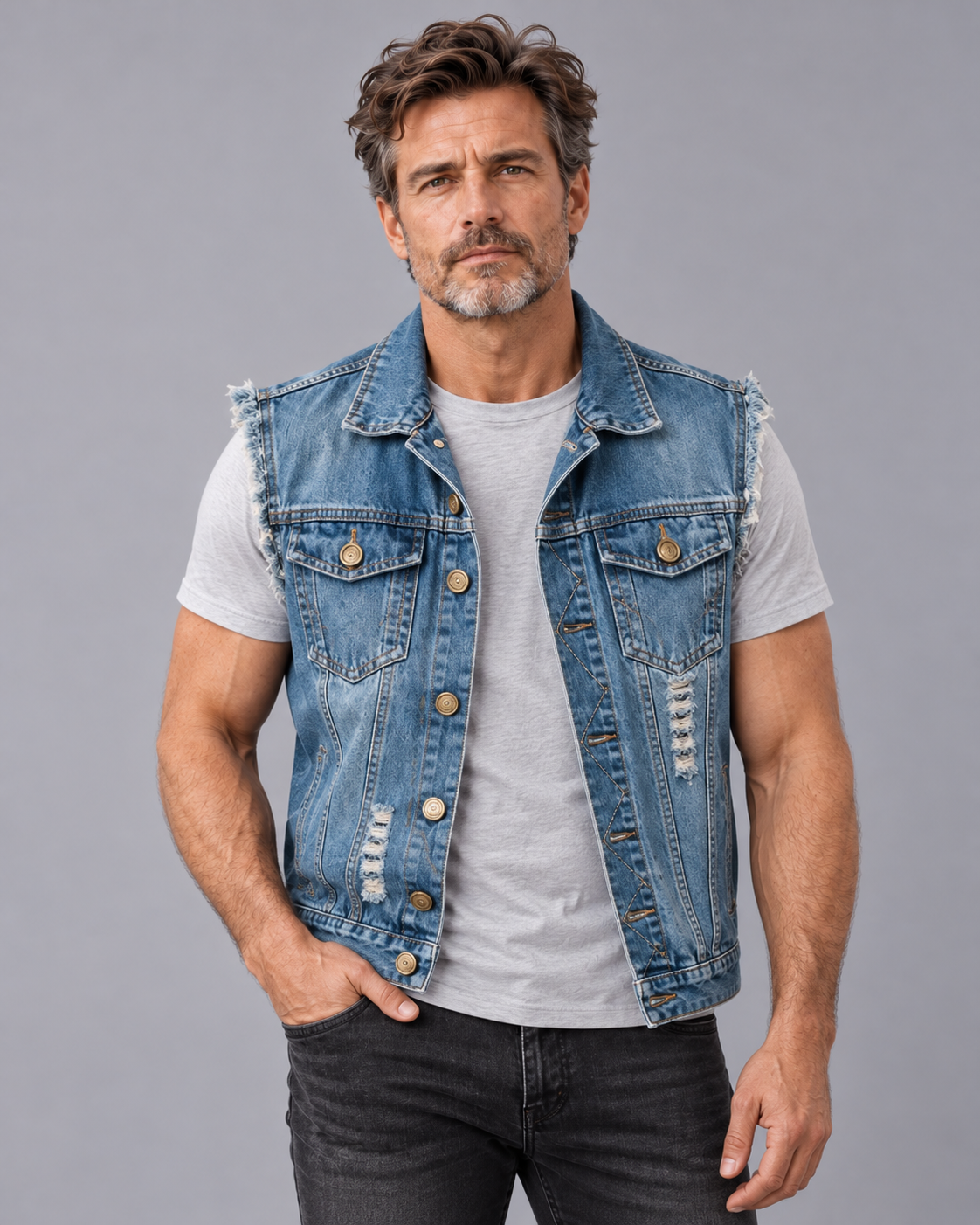 Men's Distressed Denim Waistcoat with Button Front and Chest Pockets