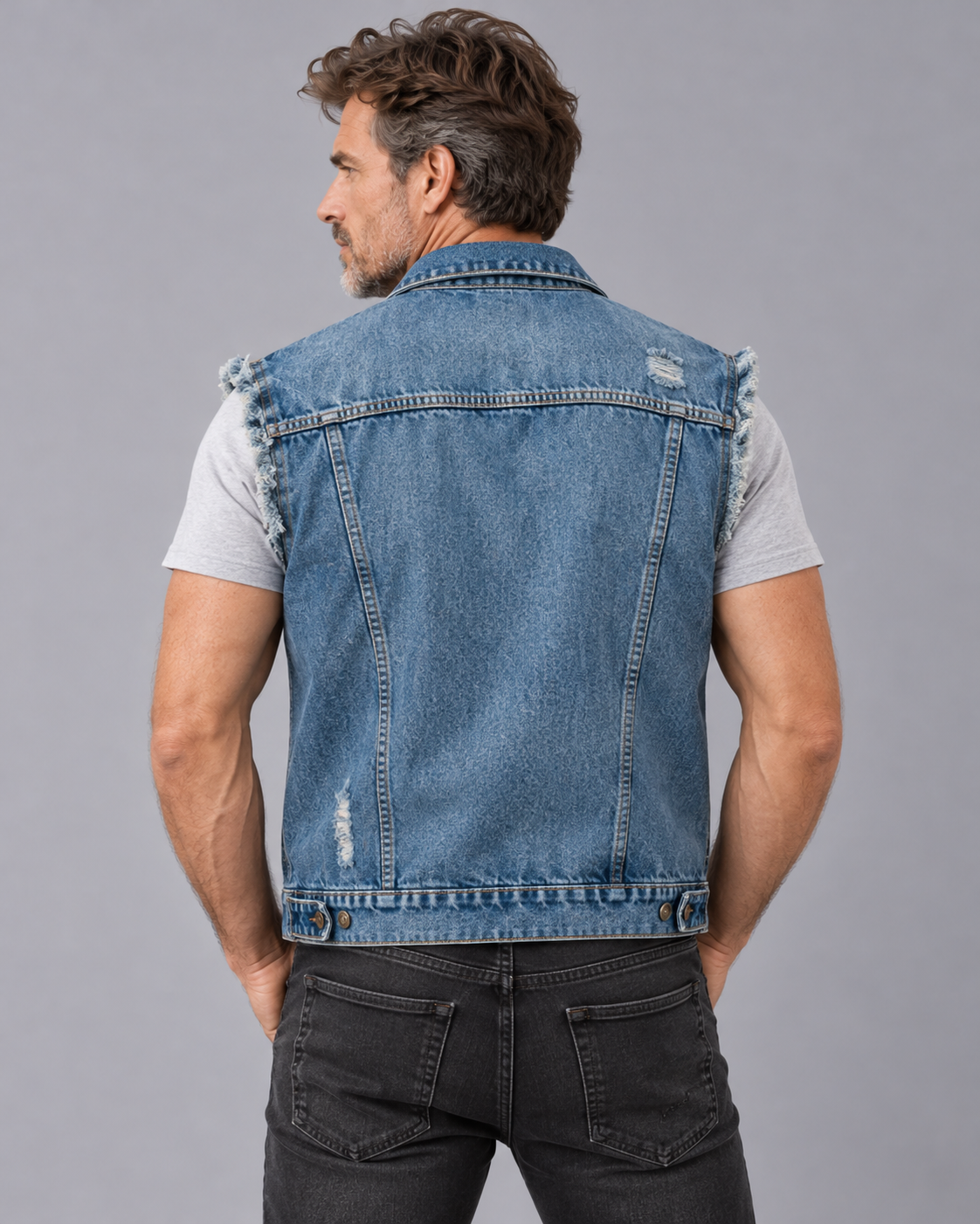 Men's Distressed Denim Waistcoat with Button Front and Chest Pockets