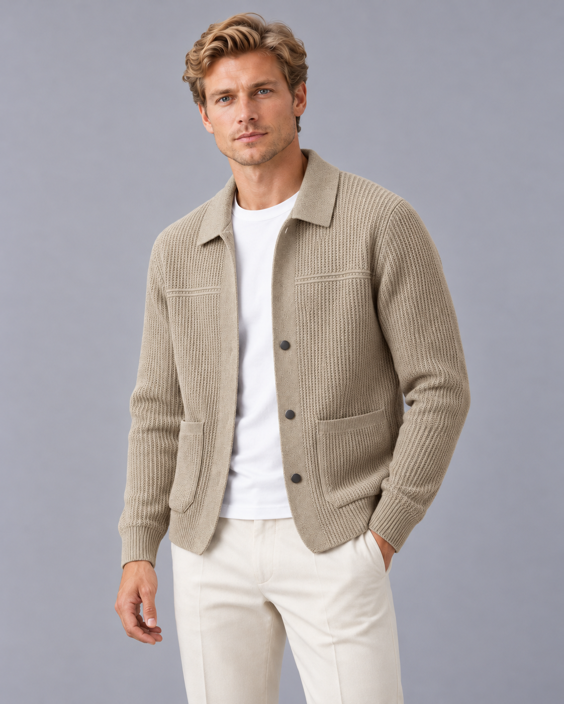 Men's Rib Knit Cardigan with Collar and Patch Pockets