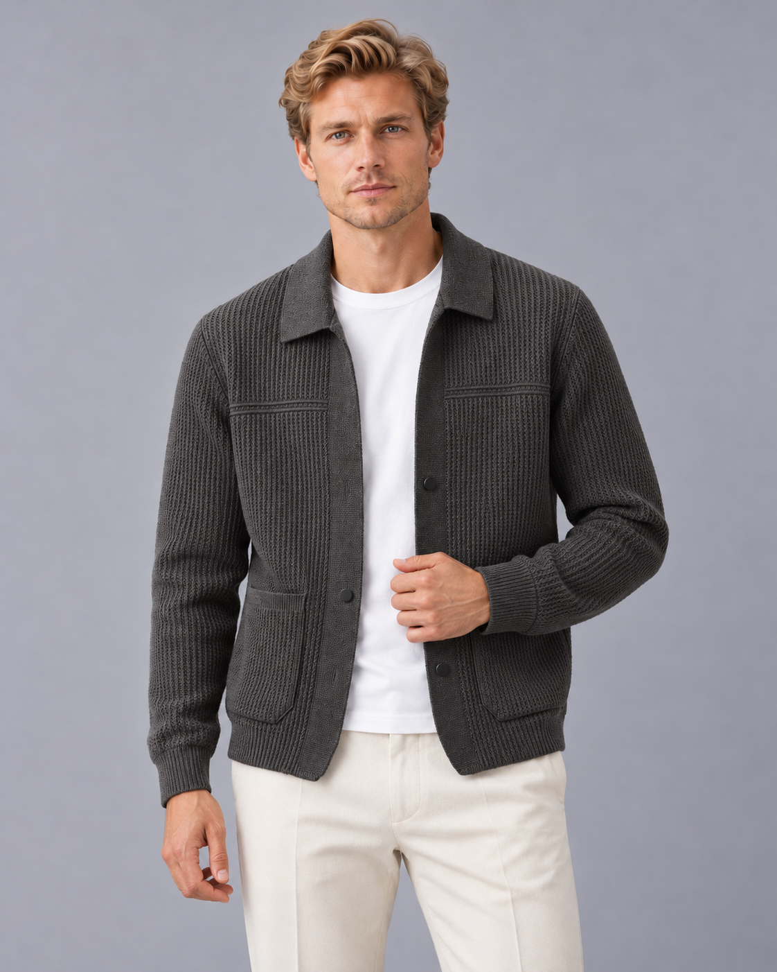 Men's Rib Knit Cardigan with Collar and Patch Pockets