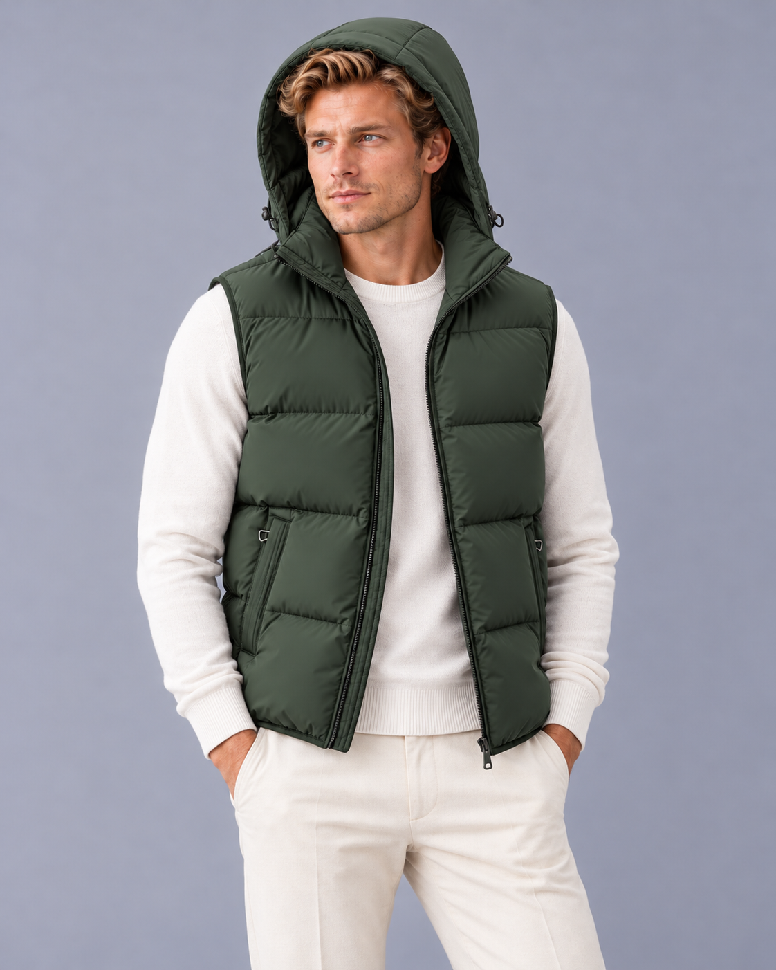 Men's Padded Gilet with Hood and Quilted Body