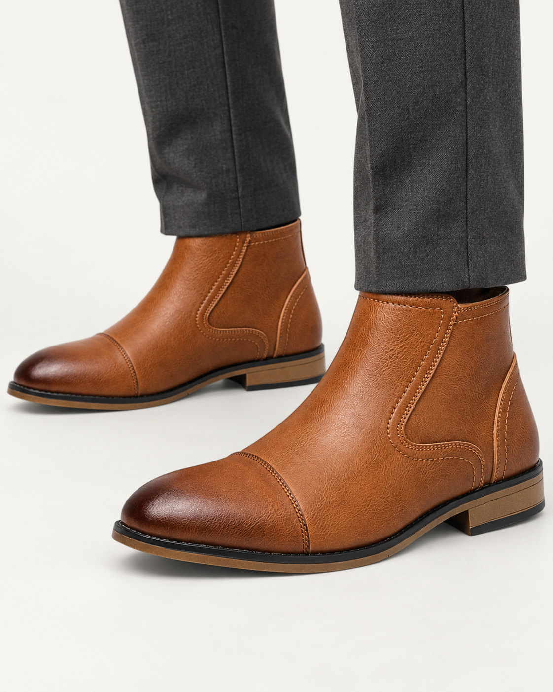 Men's Zip Ankle Boots with Toe Cap and Grip Sole