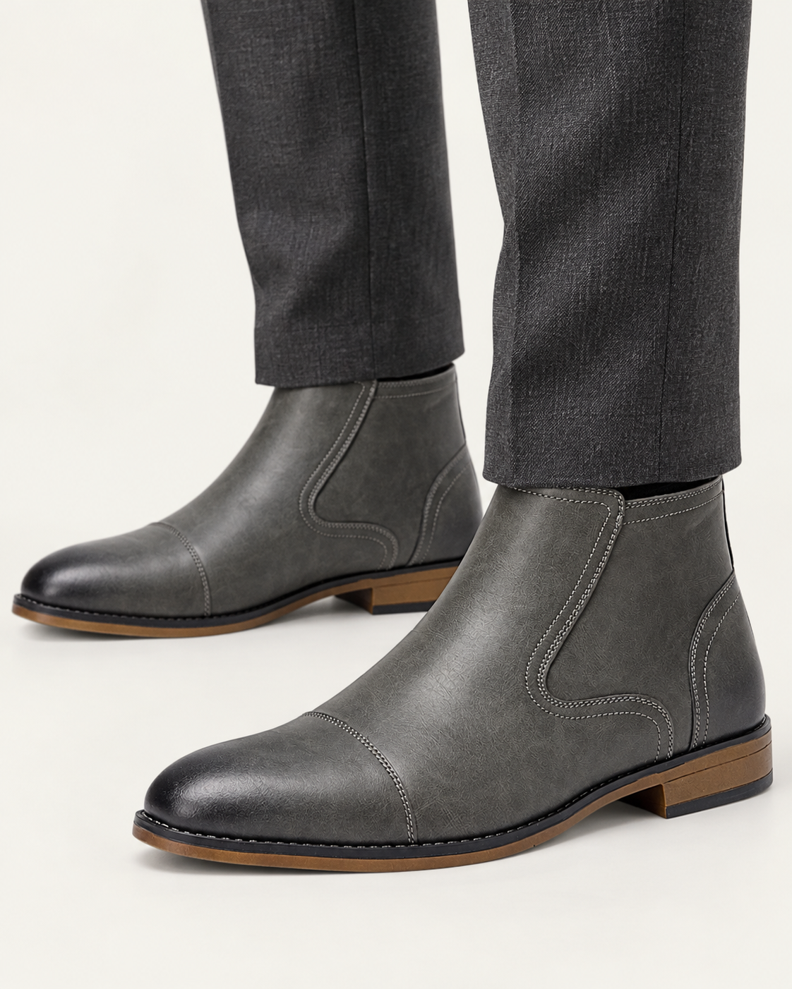 Men's Zip Ankle Boots with Toe Cap and Grip Sole