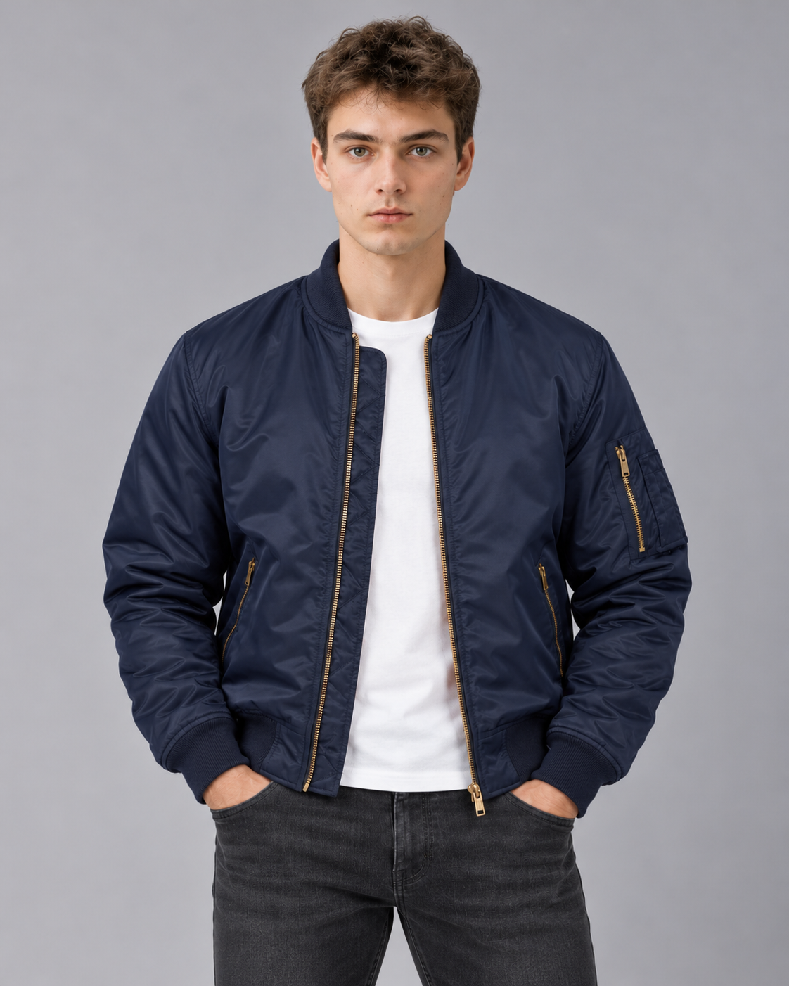 Men's Padded Bomber Jacket with Zip Pockets