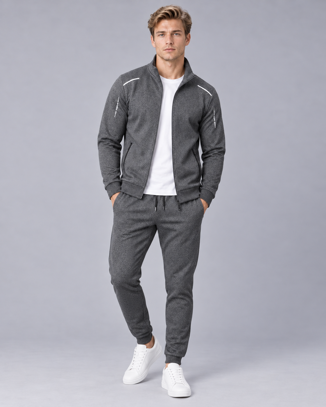 Men's Zip-Up Tracksuit Set with Stand Collar