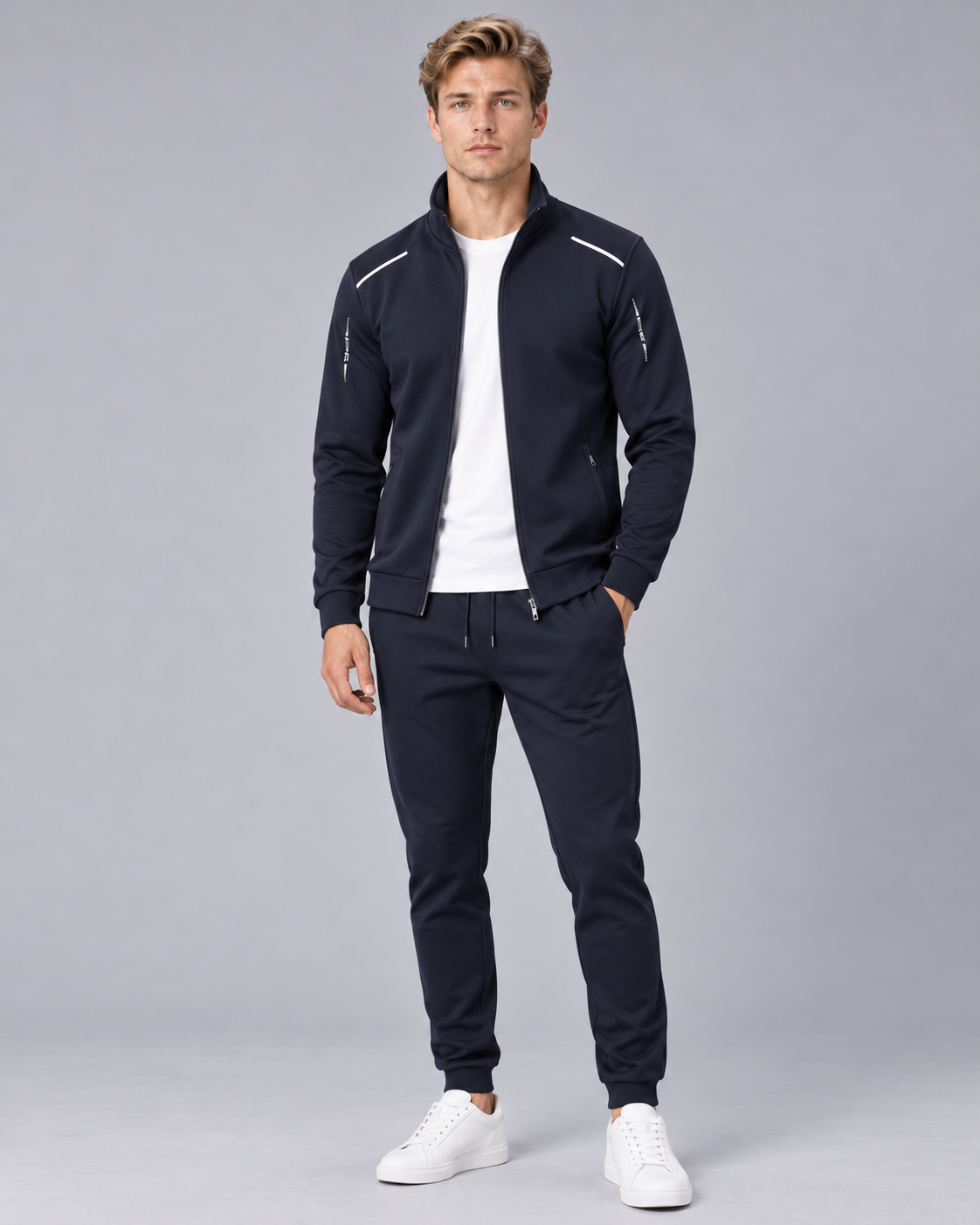 Men's Zip-Up Tracksuit Set with Stand Collar