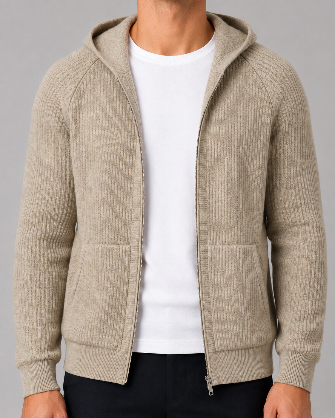 Cashmere Rib Knit Zip Hoodie