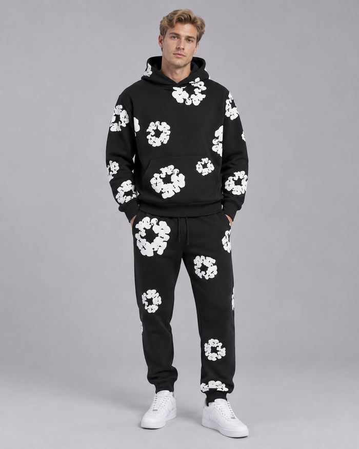 Unisex Floral Print Tracksuit – Oversized Hoodie and Joggers Set with Kangaroo Pocket