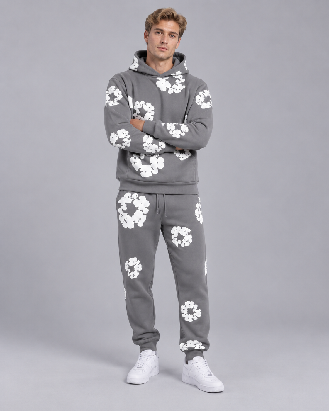 Unisex Floral Print Tracksuit – Oversized Hoodie and Joggers Set with Kangaroo Pocket