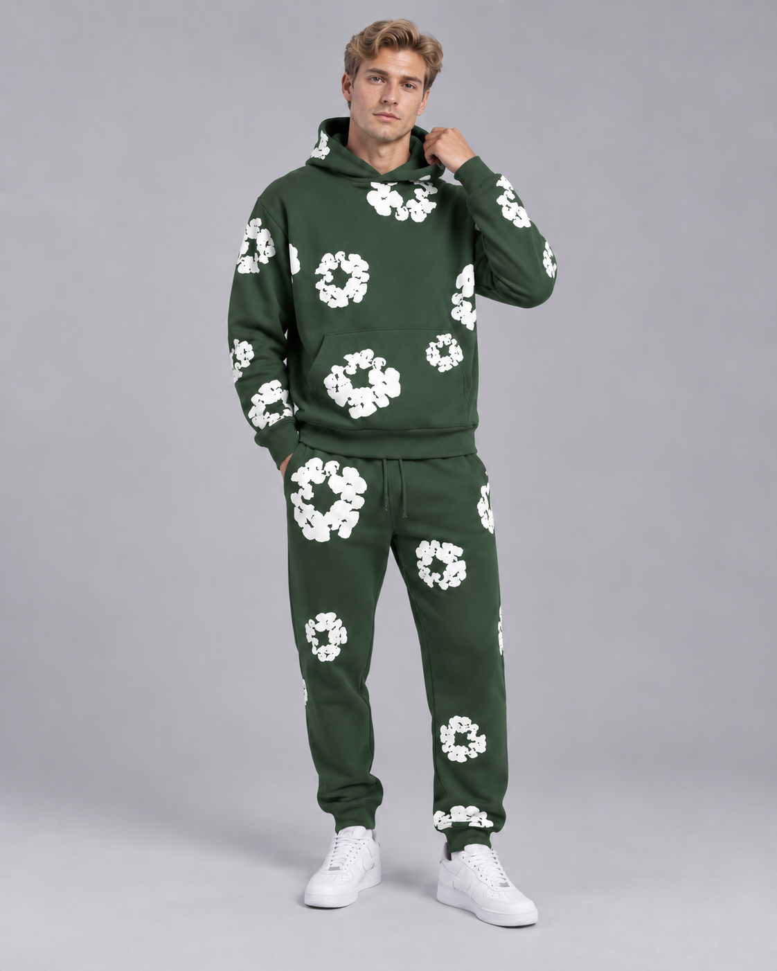 Unisex Floral Print Tracksuit – Oversized Hoodie and Joggers Set with Kangaroo Pocket