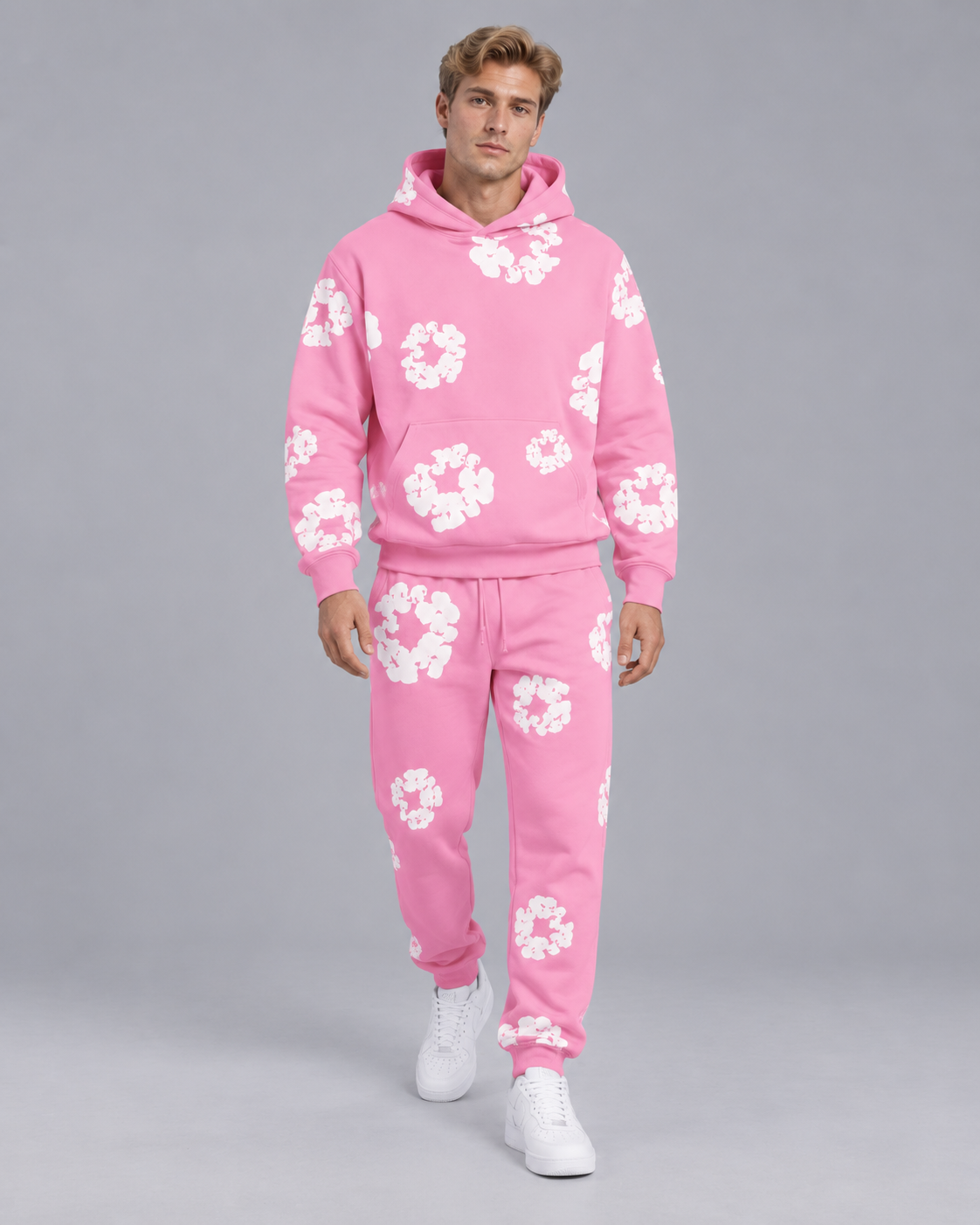 Unisex Floral Print Tracksuit – Oversized Hoodie and Joggers Set with Kangaroo Pocket