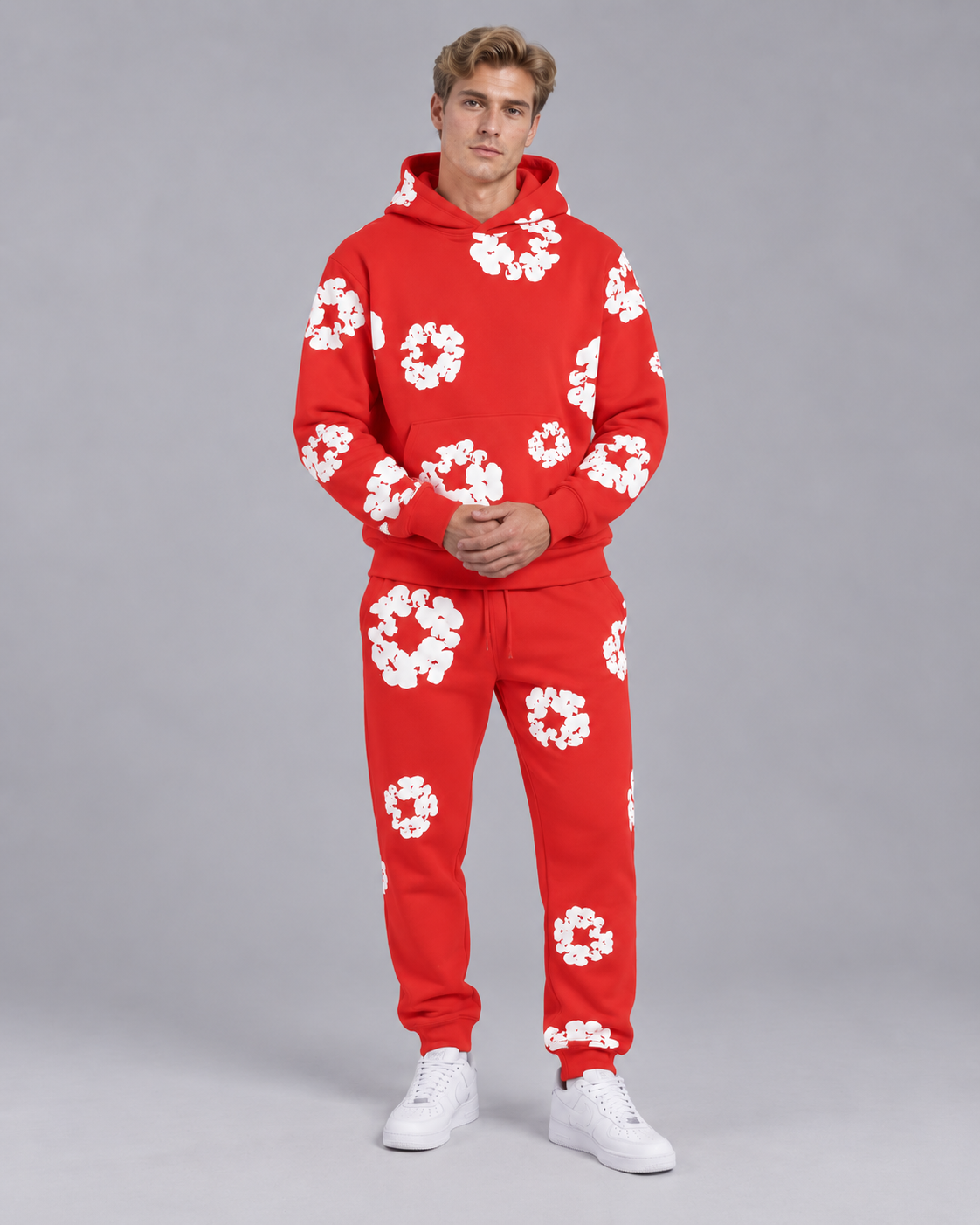 Unisex Floral Print Tracksuit – Oversized Hoodie and Joggers Set with Kangaroo Pocket