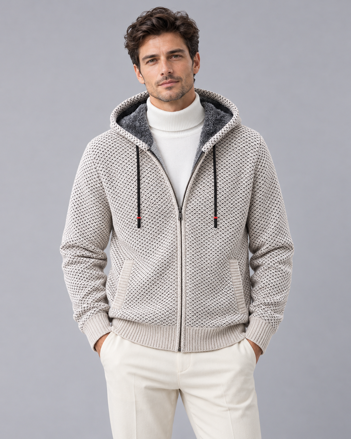 Men's Knitted Zip Hoodie with Fleece Lining – Textured Knit, Full Zip