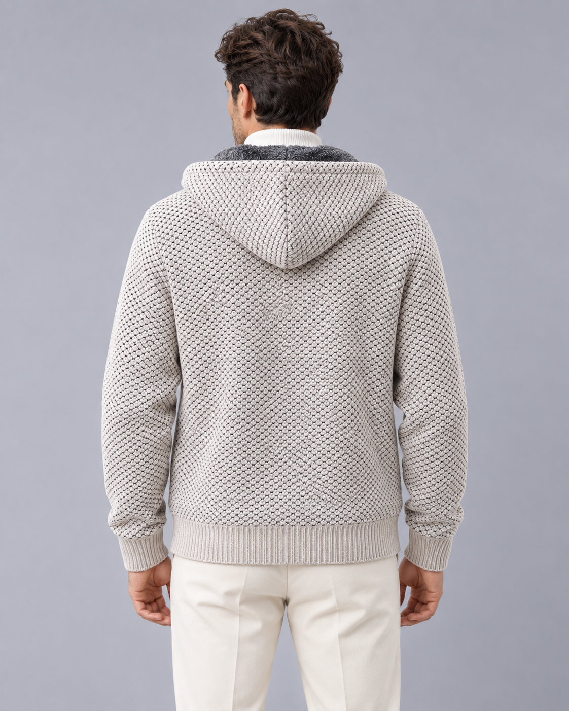 Men's Knitted Zip Hoodie with Fleece Lining – Textured Knit, Full Zip