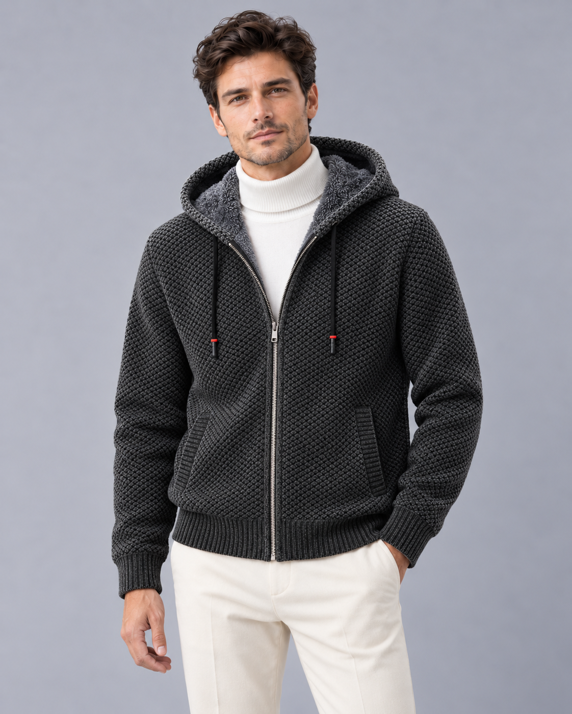Men's Knitted Zip Hoodie with Fleece Lining – Textured Knit, Full Zip