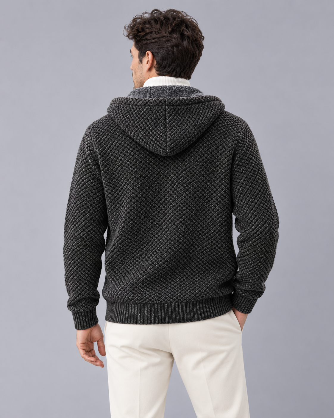 Men's Knitted Zip Hoodie with Fleece Lining – Textured Knit, Full Zip