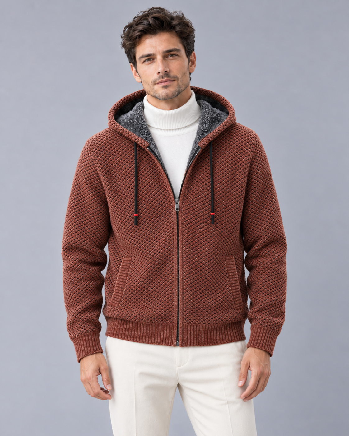 Men's Knitted Zip Hoodie with Fleece Lining – Textured Knit, Full Zip
