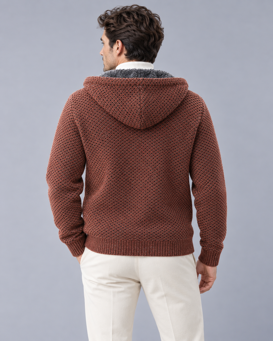 Men's Knitted Zip Hoodie with Fleece Lining – Textured Knit, Full Zip