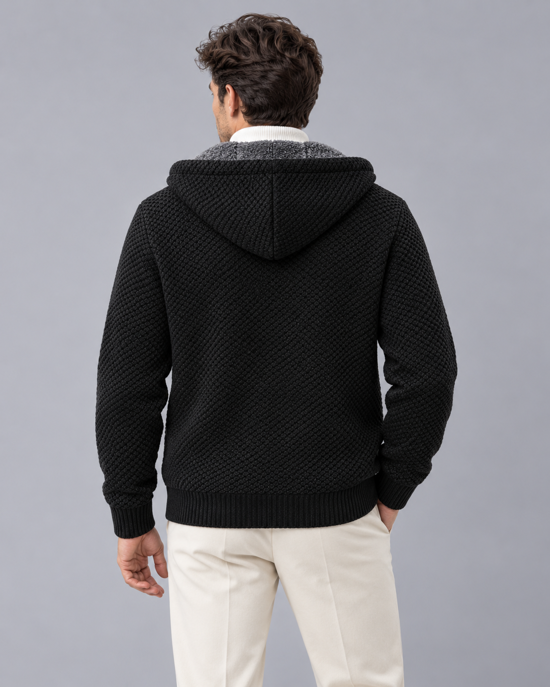 Men's Knitted Zip Hoodie with Fleece Lining – Textured Knit, Full Zip