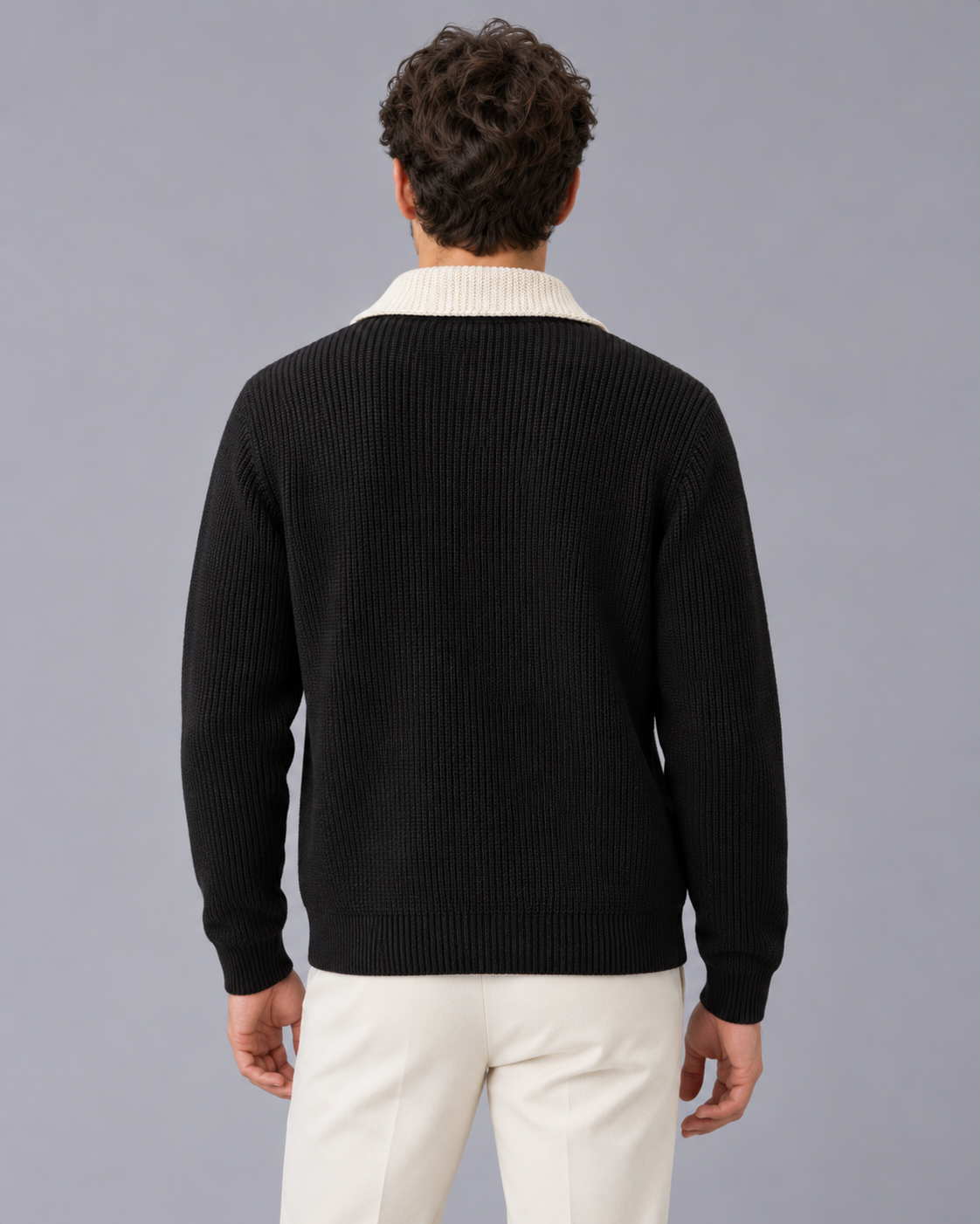 Men's Knitted Cardigan with Collar – Ribbed Knit, Button Front, Patch Pockets, Relaxed Fit