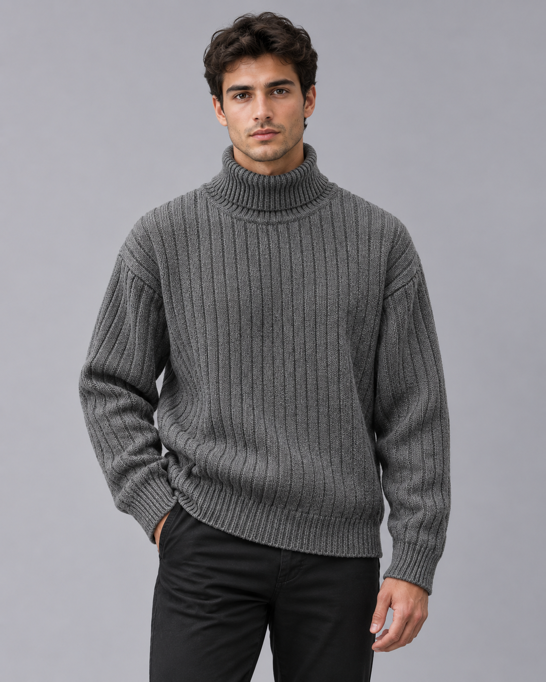 Men's Ribbed Roll Neck Jumper – Turtleneck, Dropped Shoulder, Relaxed Fit