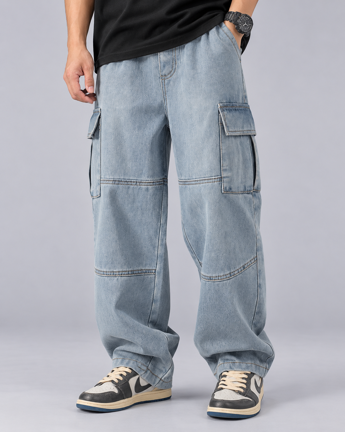 Men's Baggy Cargo Jeans in Heavyweight Cotton Denim – Washed Finish, Wide Leg