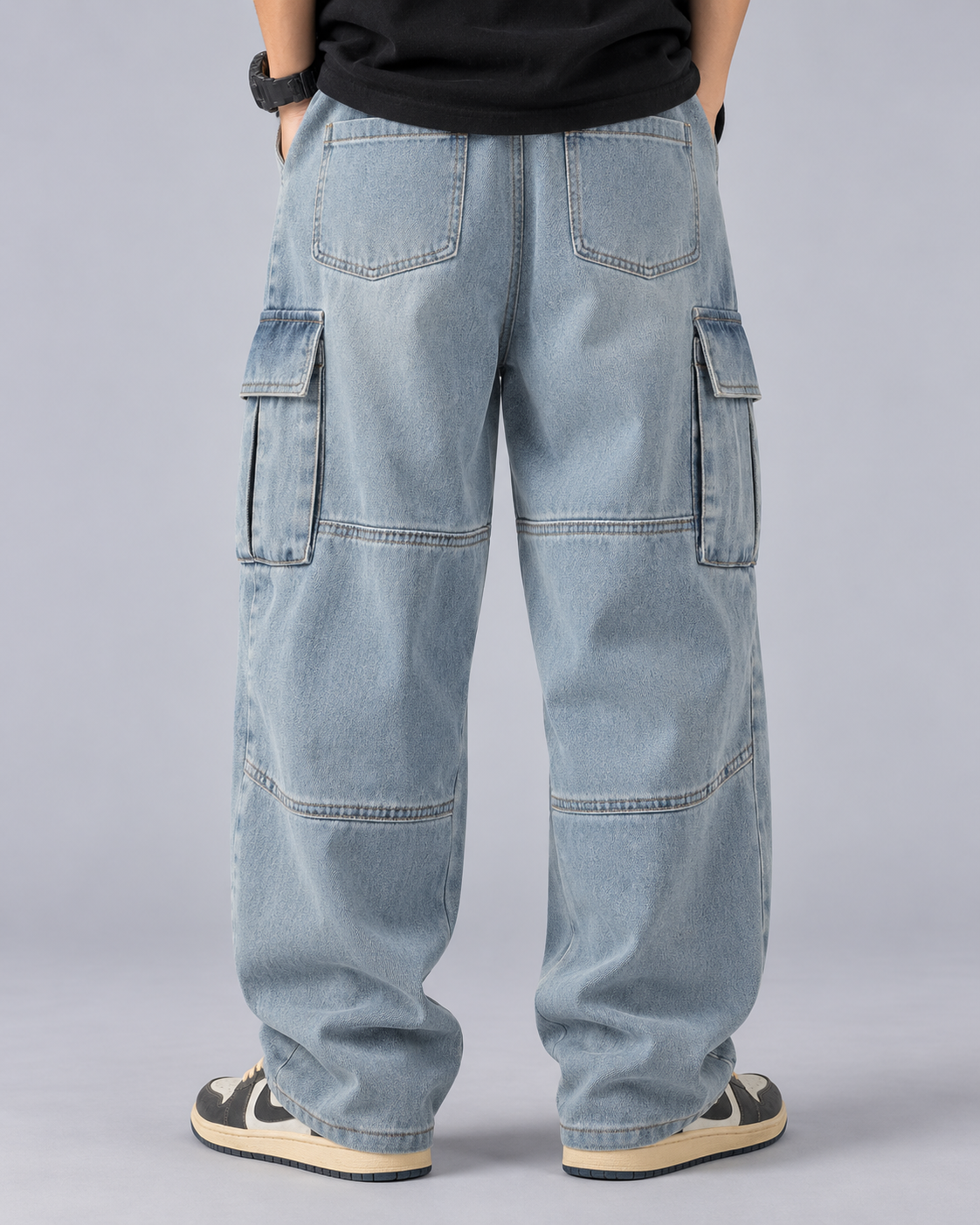 Men's Baggy Cargo Jeans in Heavyweight Cotton Denim – Washed Finish, Wide Leg