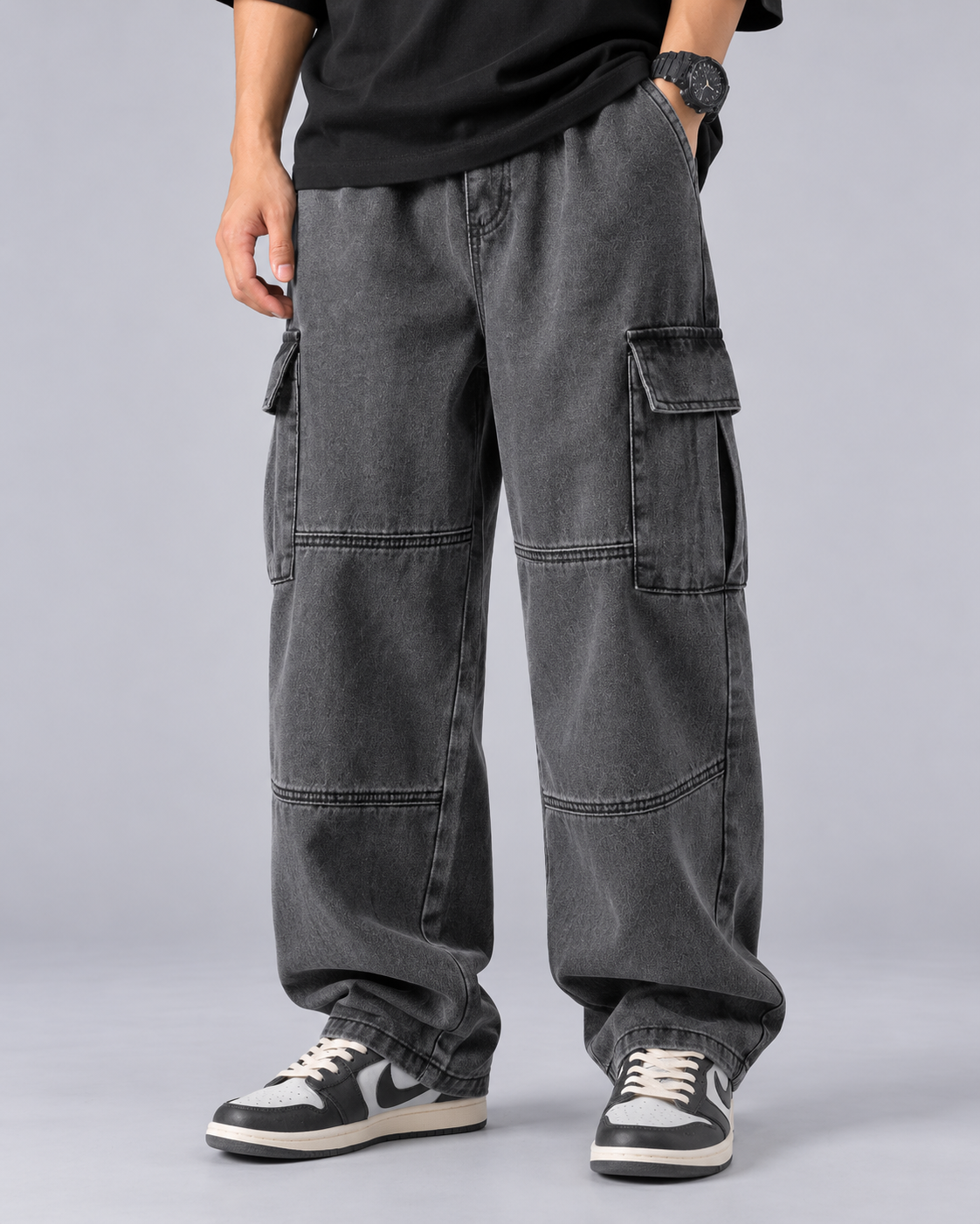 Men's Baggy Cargo Jeans in Heavyweight Cotton Denim – Washed Finish, Wide Leg