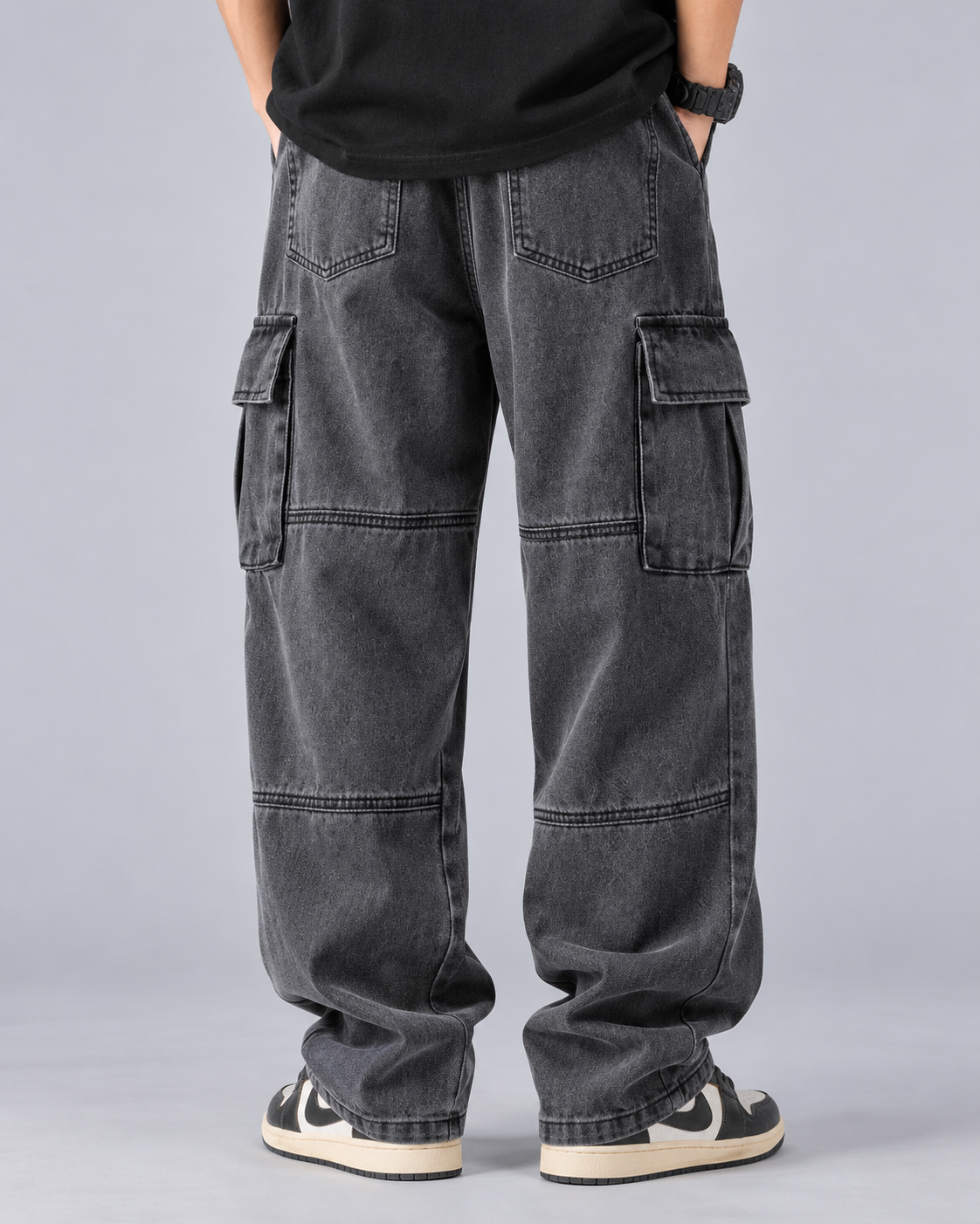 Men's Baggy Cargo Jeans in Heavyweight Cotton Denim – Washed Finish, Wide Leg