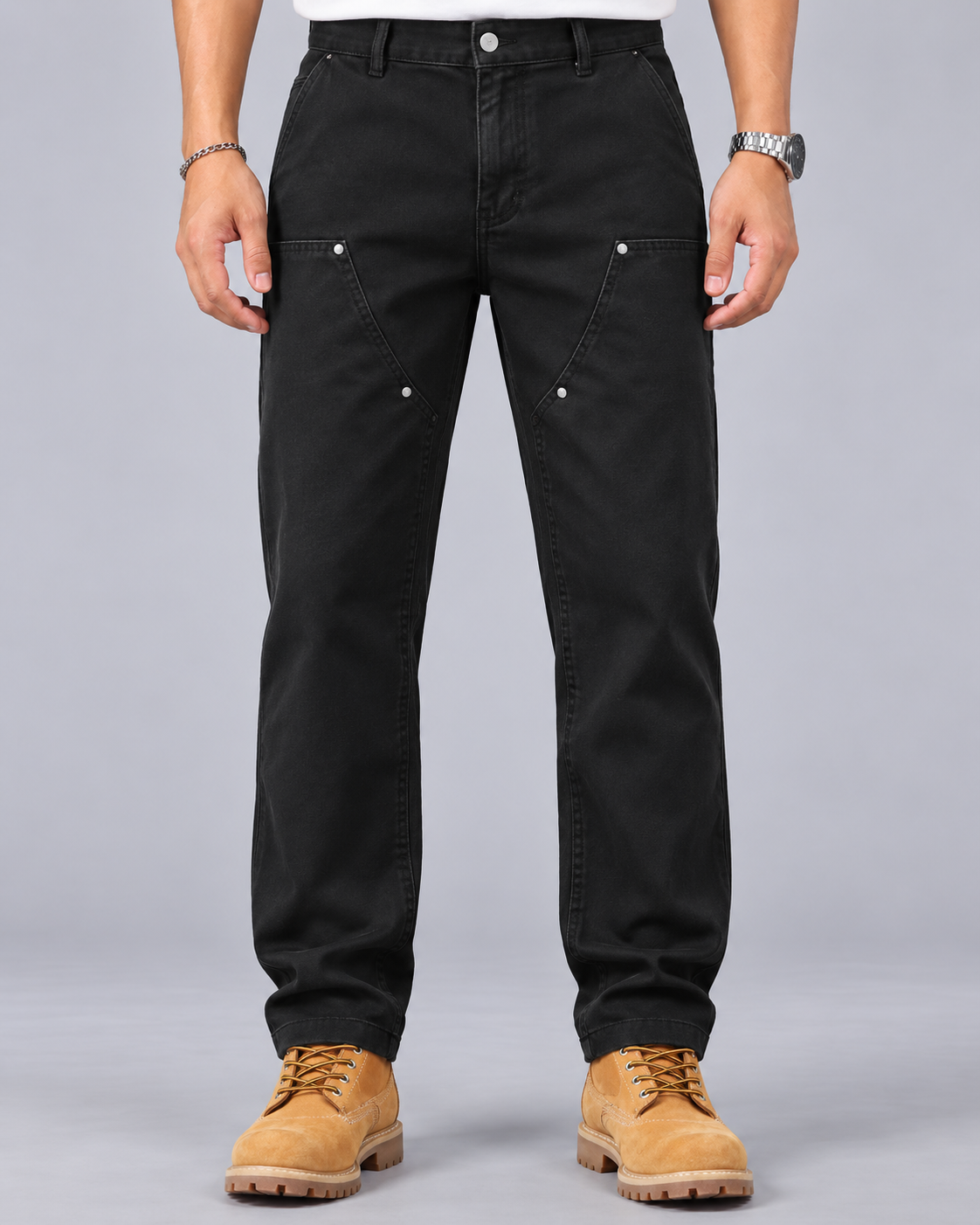 Men's Utility Trousers in Cotton Twill – Riveted Front Panels, Thigh Pocket, Straight Leg