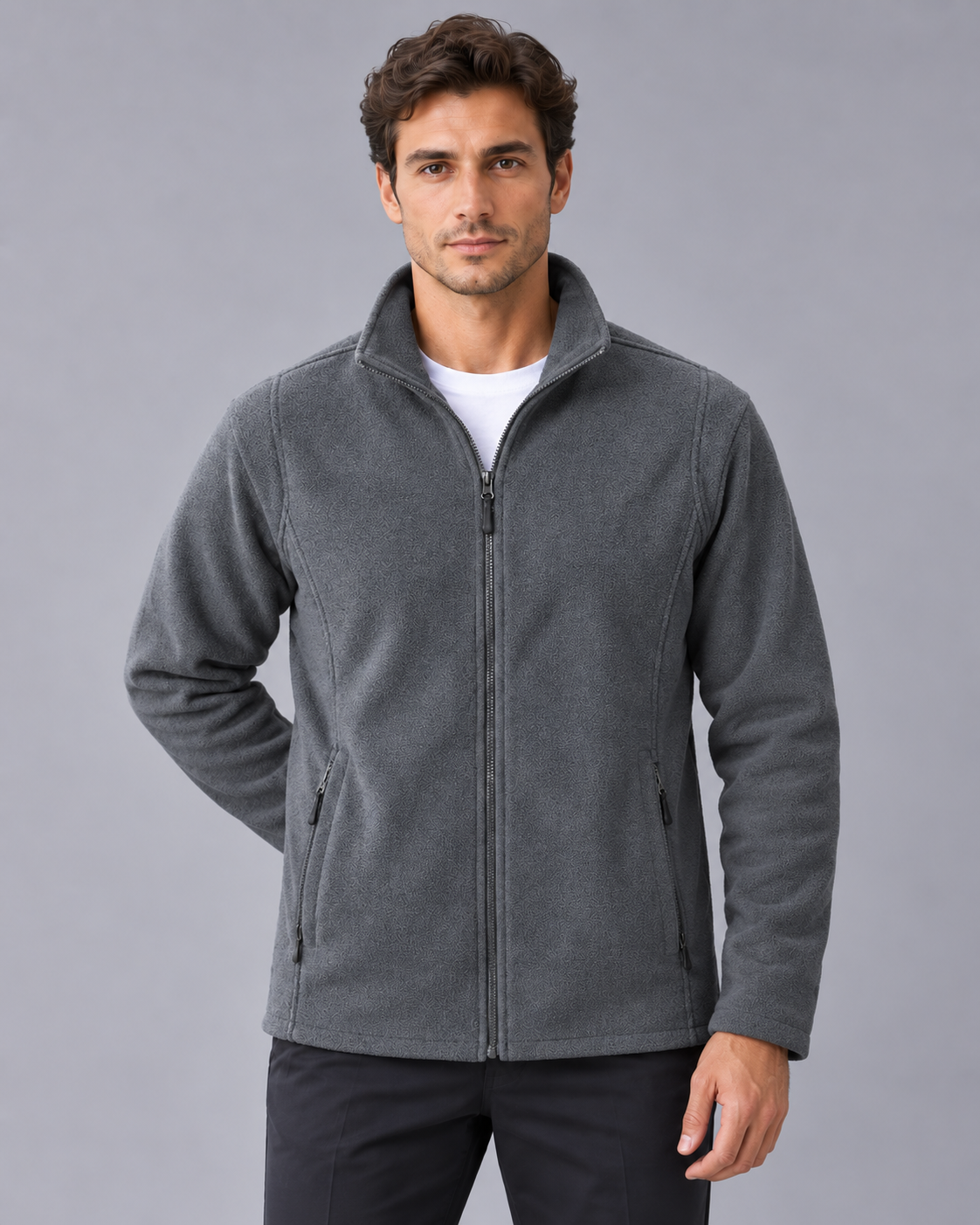 Men's Full Zip Fleece Jacket in Polar Fleece – Stand Collar, Two Zipped Hand Pockets