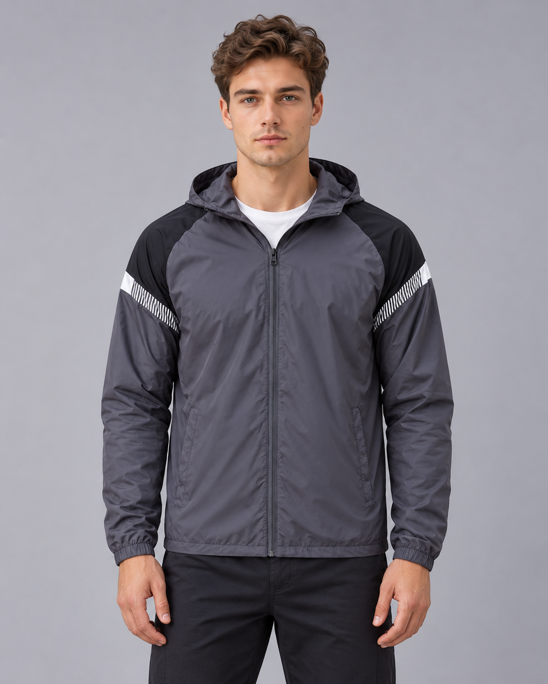 Men's Hooded Windbreaker Jacket – Full Zip, Contrast Shoulder Panels, Elasticated Cuffs, Regular Fit