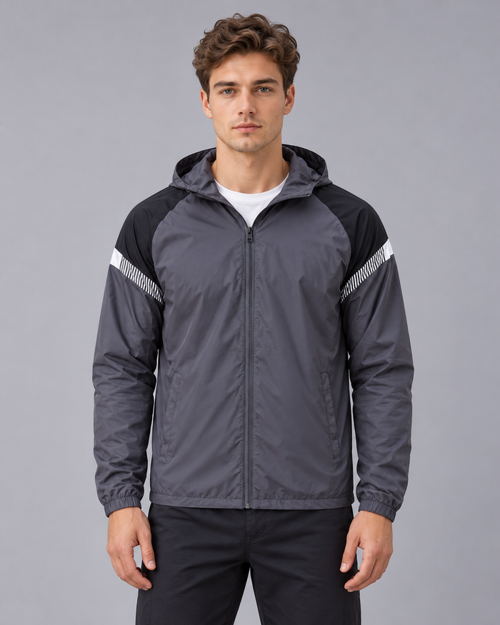 Men's Hooded Windbreaker Jacket – Full Zip, Contrast Shoulder Panels, Elasticated Cuffs, Regular Fit