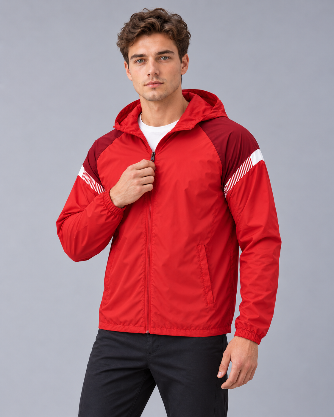 Men's Hooded Windbreaker Jacket – Full Zip, Contrast Shoulder Panels, Elasticated Cuffs, Regular Fit