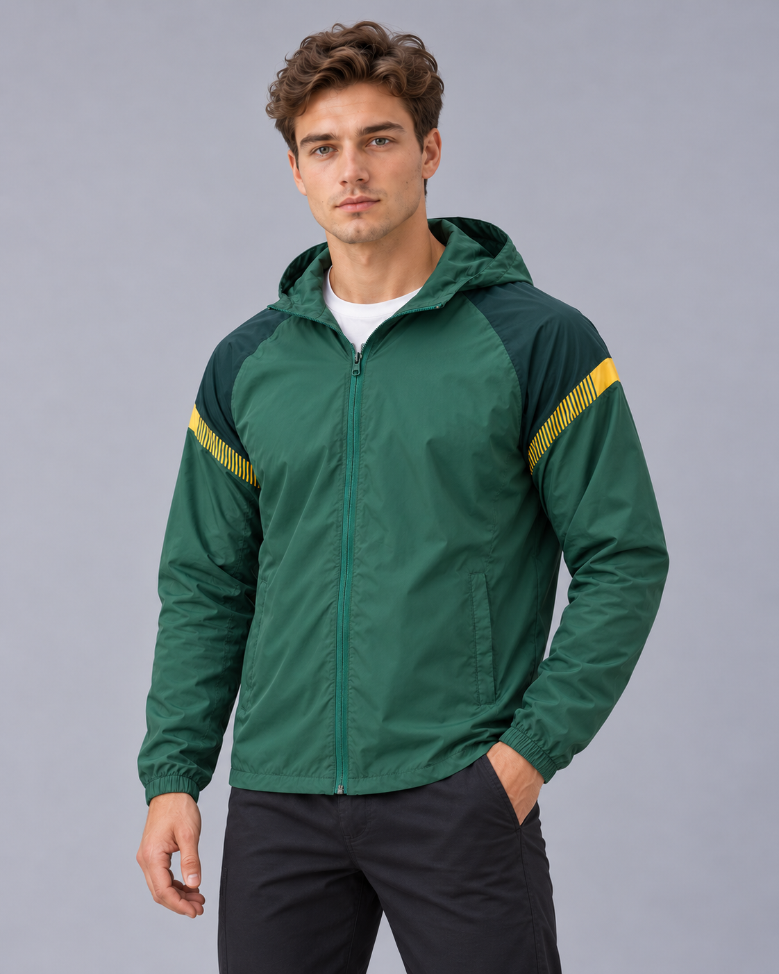 Men's Hooded Windbreaker Jacket – Full Zip, Contrast Shoulder Panels, Elasticated Cuffs, Regular Fit