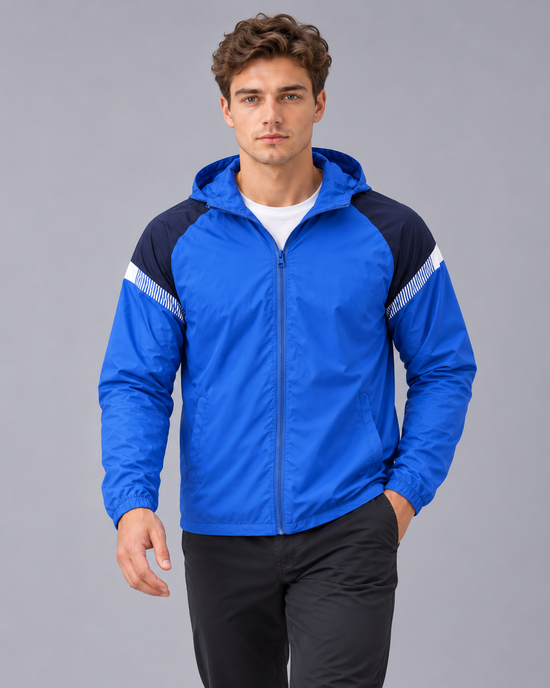 Men's Hooded Windbreaker Jacket – Full Zip, Contrast Shoulder Panels, Elasticated Cuffs, Regular Fit