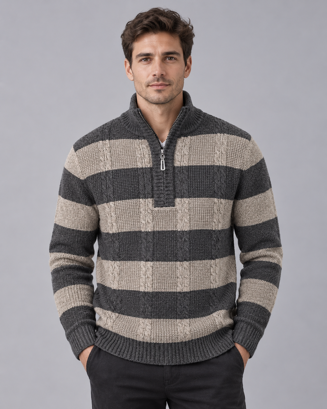 Men's Half Zip Jumper – Striped Cable Knit, Ribbed Stand Collar, Relaxed Fit