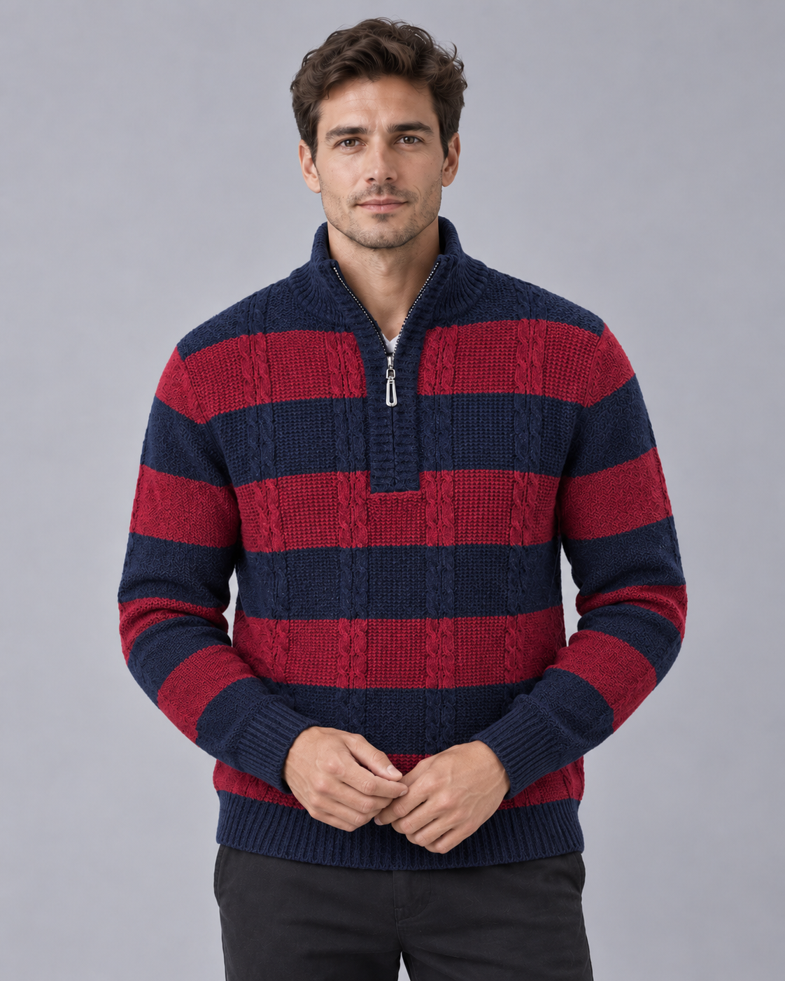 Men's Half Zip Jumper – Striped Cable Knit, Ribbed Stand Collar, Relaxed Fit