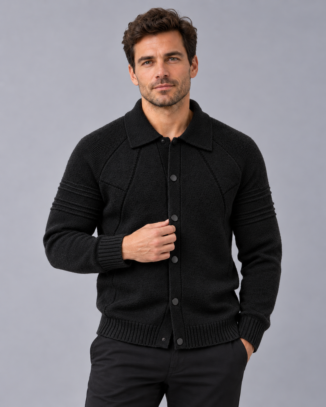 Men's Collared Cardigan – Knitted Cardigan with Snap-Button Front, Raglan Sleeves, Ribbed Cuffs