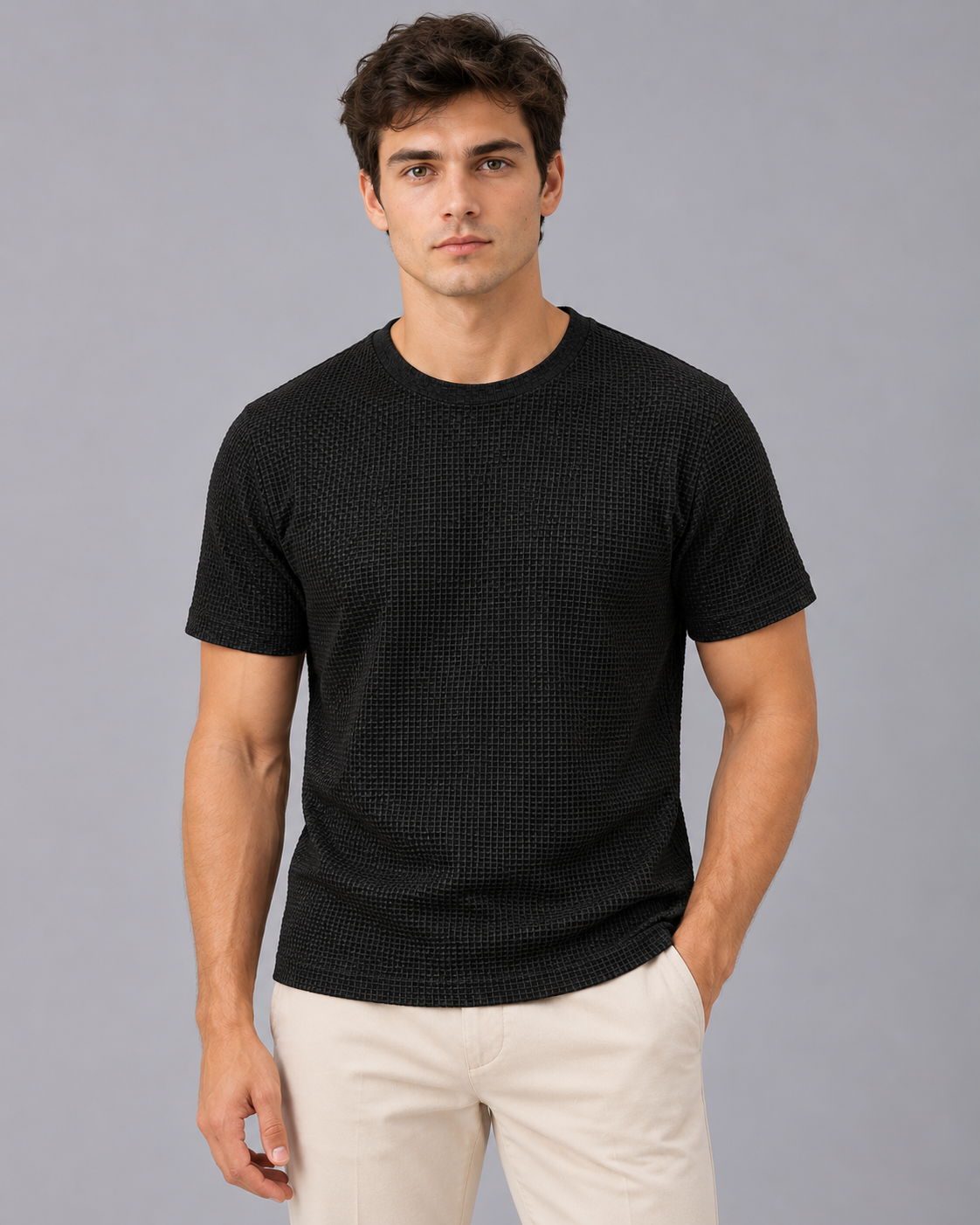 Men's Textured T-Shirt – Crew Neck, Short Sleeve, Raised Basket-Weave Texture