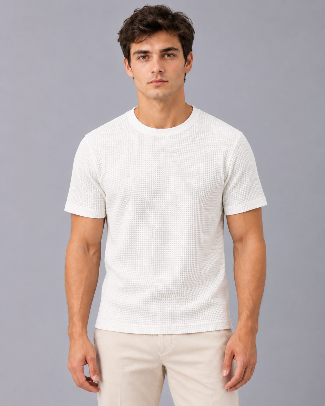 Men's Textured T-Shirt – Crew Neck, Short Sleeve, Raised Basket-Weave Texture