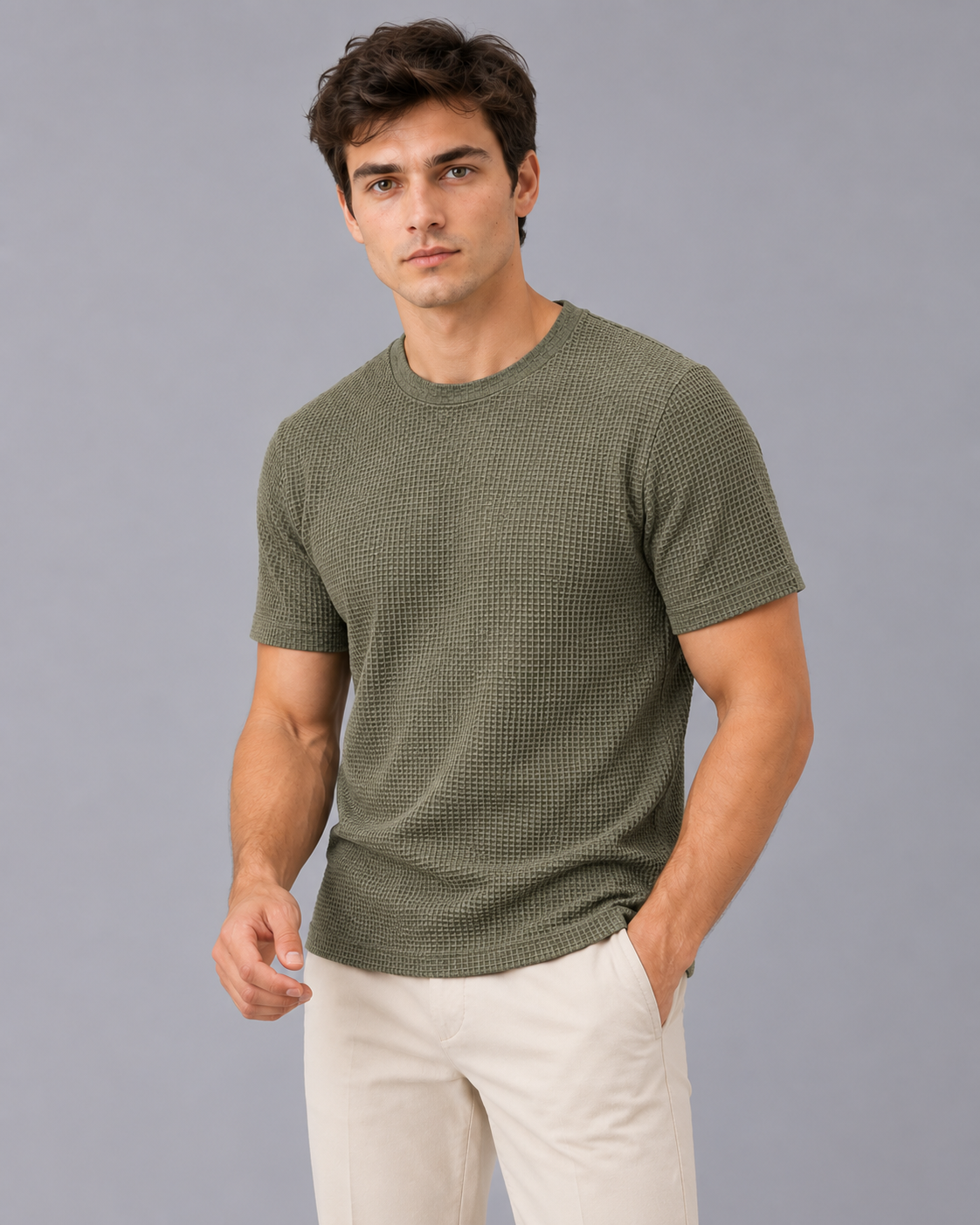 Men's Textured T-Shirt – Crew Neck, Short Sleeve, Raised Basket-Weave Texture