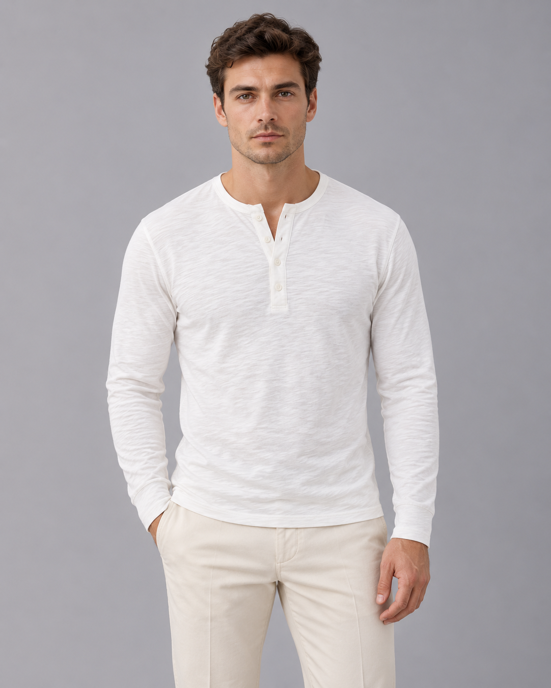 Men's Long Sleeve Henley in Cotton Blend – Slub Henley Top with Three-Button Placket, Slim Fit
