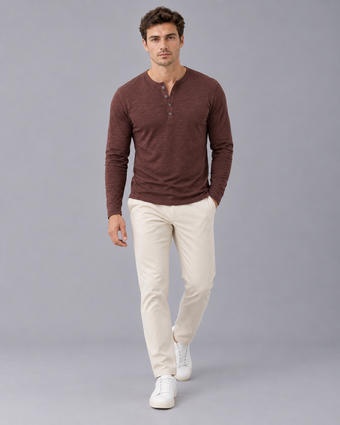 Men's Long Sleeve Henley in Cotton Blend – Slub Henley Top with Three-Button Placket, Slim Fit
